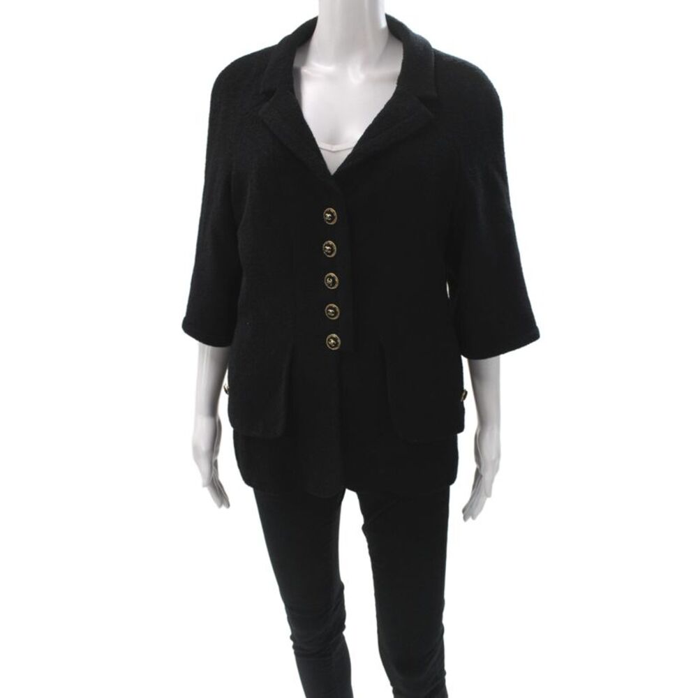 Chanel Women Black Silk Basic Jacket 3/4 Sleeve Button Closure Size 46